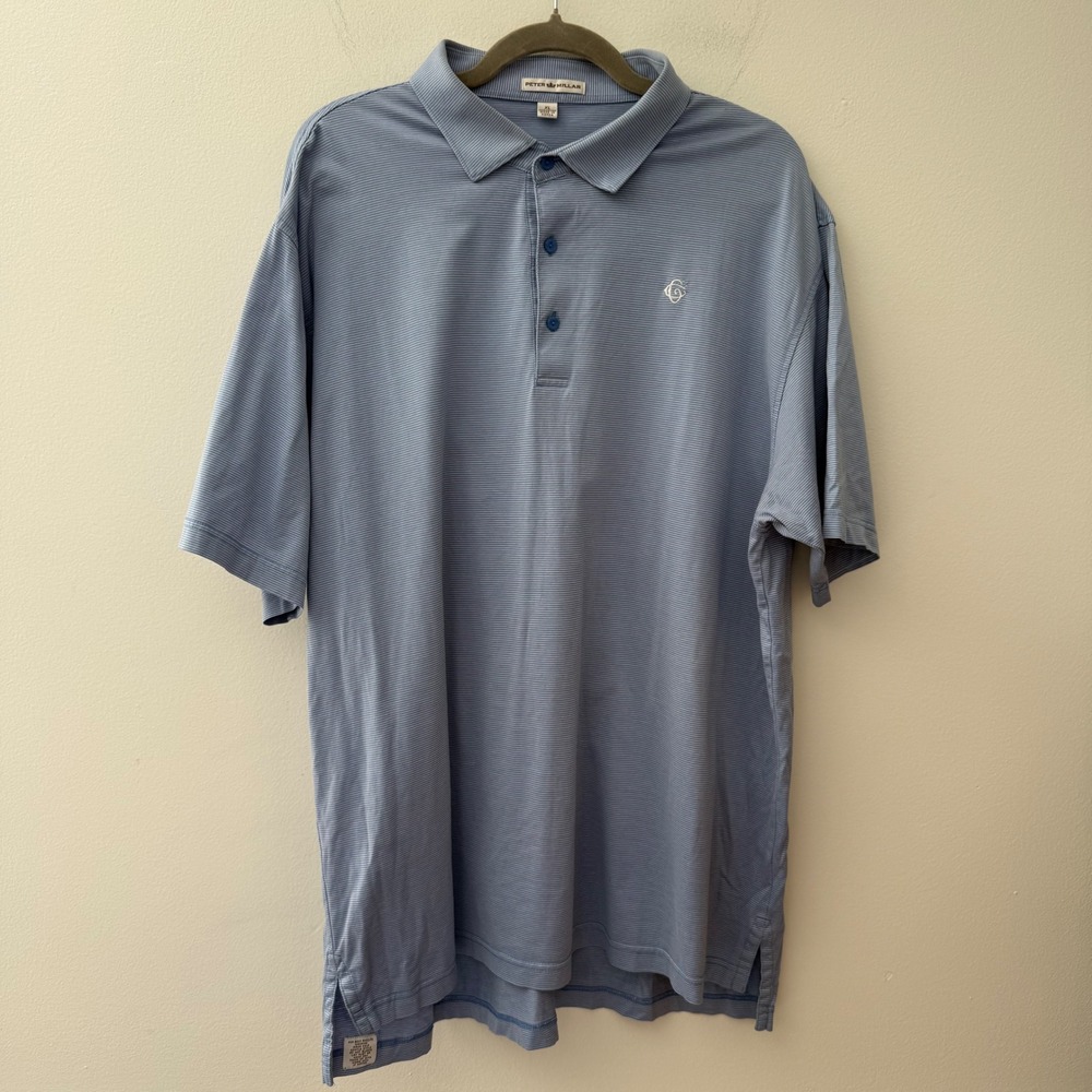 Peter Millar Mens XL Blue White Micro Stripe Cotton Short Sleeve Golf Polo Shirt
